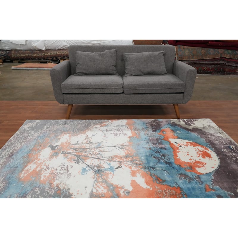 Hand Knotted Oriental Viscose Silk Carpet Modern Pictorial Multi-Colored Abstract Area Rug - 7' 3'' X 5' 2''