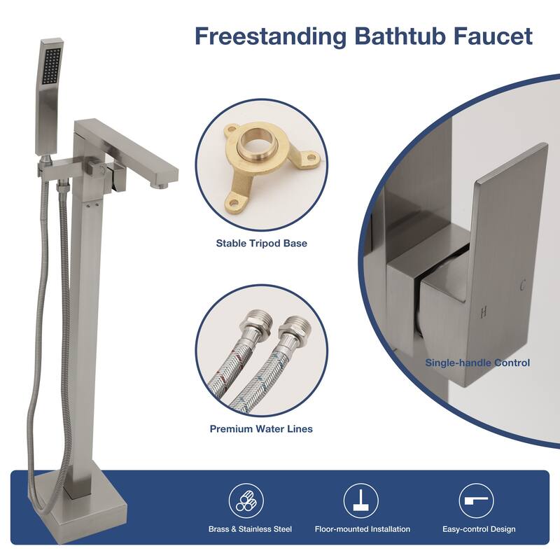 Brushed Nickel Free Standing Tub Faucet Floor Mounted Tub Filler Faucet Brass Bathroom Tub Faucets with Hand Shower