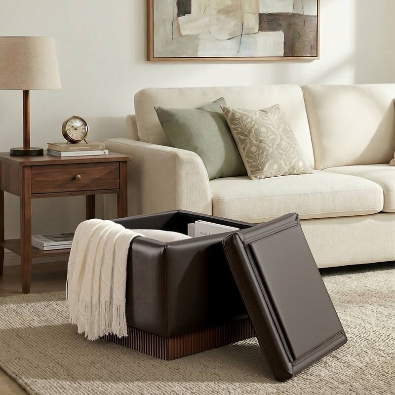 Swivel Storage Ottoman Bench Footstool with Flip-top and Acacia Solid Wood Frame, Fully Assembled