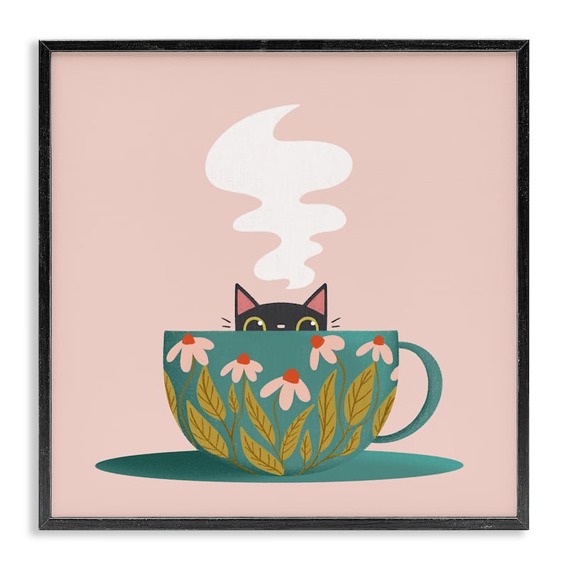 Stupell Cat Peeking Over Teacup Framed Giclee Art Design By Sarah Hickman - 12 x 12 - Black