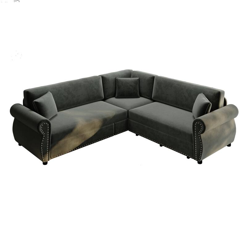 88.2" L-Shaped Sleeper Sectional Sofa with Pull-Out Bed - Chenille Convertible Couch, Nailhead Trim, for Living Room