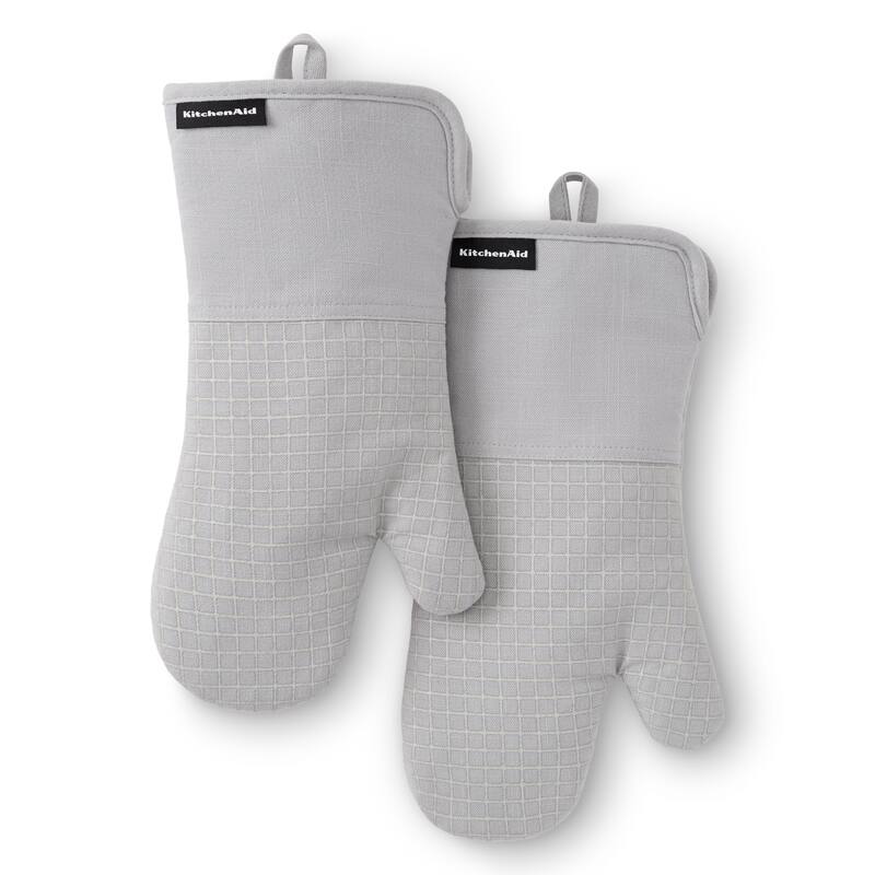 KITCHENAID Gourmet Series Gridlines Oven Mitts 2-Pack Set, Heat Resistant up to 600°F, Soft Silicone Grip, Magnetic Cuff - Matte Grey