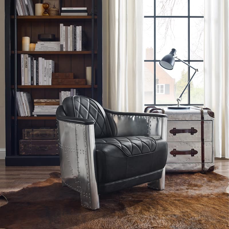 Art Leon IndustrIal Retro Top Grain Leather & Aluminum Accent Chair - BLACK