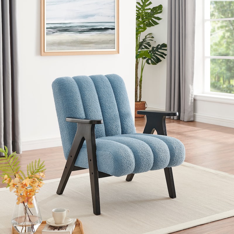 Roundhill Furniture Rella Modern Teddy Sherpa Fabric Accent Chair with Espresso Wood Frame - Blue