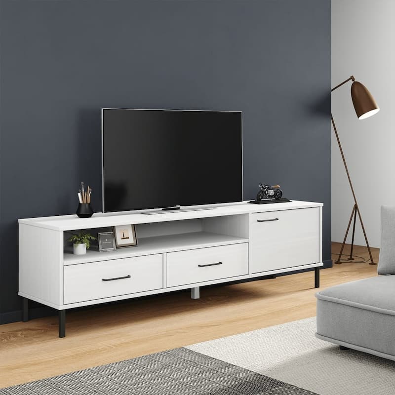 vidaXL TV Stand TV Console TV Console with Metal Legs Solid Wood Pine OSLO - 62.2" x 15.7" x 18.3" - White