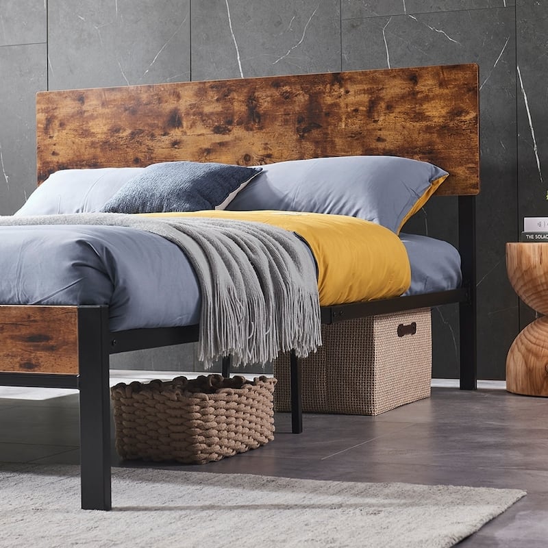 Metal Platform Bed Frame with Wooden Headboard and Footboard