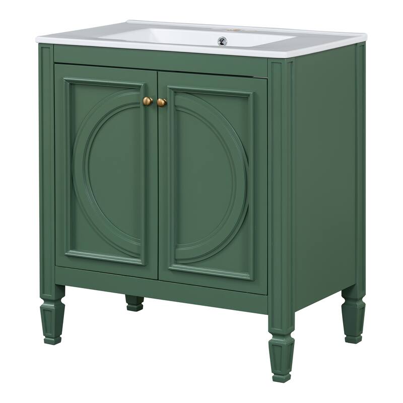 Green 30-Inch Freestanding Vanity with Ceramic Sink, Soft-Close Doors, Adjustable Shelf, and Retro Legs