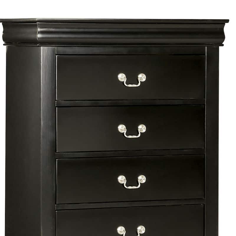 Ryla Tall Dresser Chest, 5 Drawers, Nickel Metal Handles, Black Solid Wood