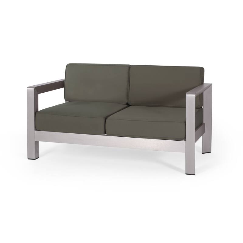 Roomfitters Aviara Outdoor Aluminum Loveseat with Deep Seating, Modern Silver Finish