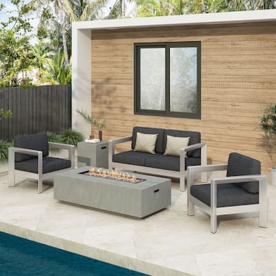 Pismo Outdoor Aluminum Chat Set w/ Fire Pit by Christopher Knight Home