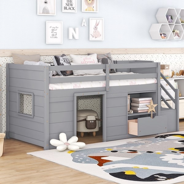 slide 2 of 9, Kids Loft Bed Twin Size, Solid Wood Low Loft Bed Frame with Storage Stairs and Drawer, Modern Farmhouse Loft Bed for Boys Girls Gray - Twin