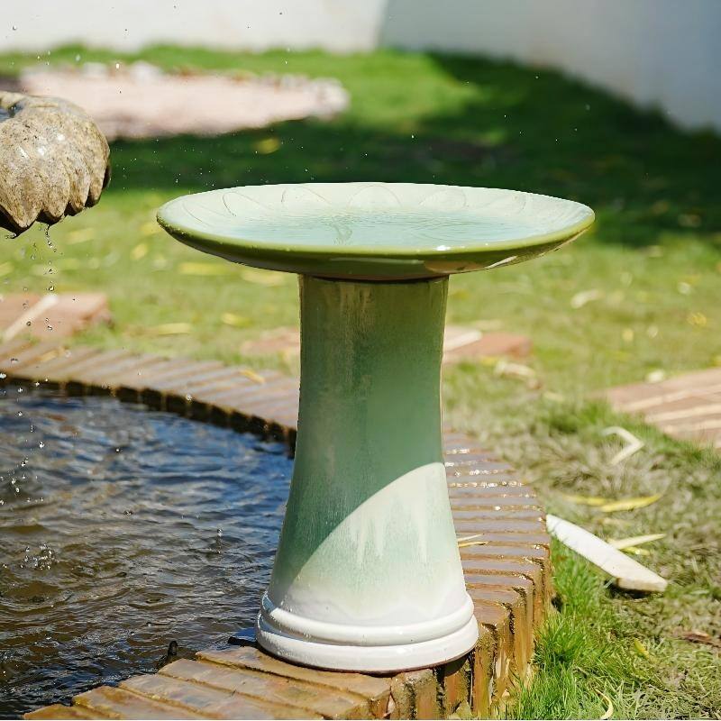 Handmade Green Gradient Glaze Ceramic Bird Bath, 16.93 inch Diameter 18.11 inch Height, Lightweight & Weather-Resistant - Green