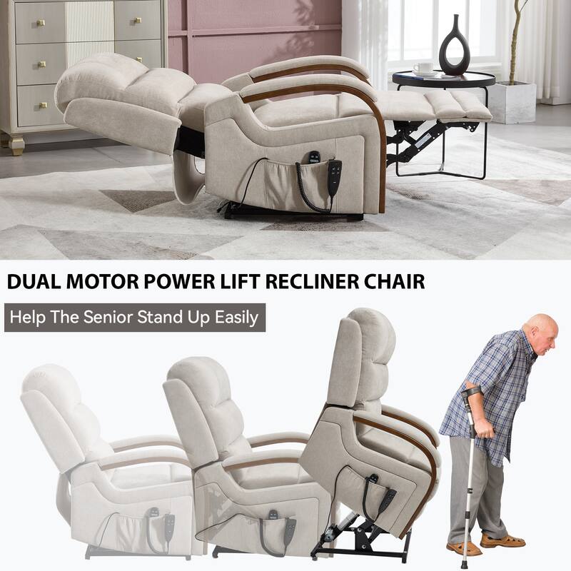 Chenille Power Lift Recliner Chair with Heat & Massage, Infinite Position Electric Recliner with Wood Armrests & Side Pockets