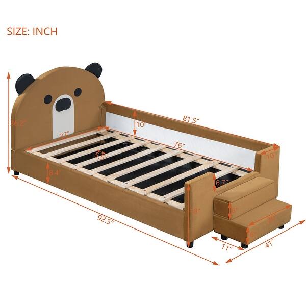 Twin Brown Upholstered Bed Daybed Frame with Bear Shaped Headboard, Hydraulic System & Breathable Mesh Fence for Boys Girls