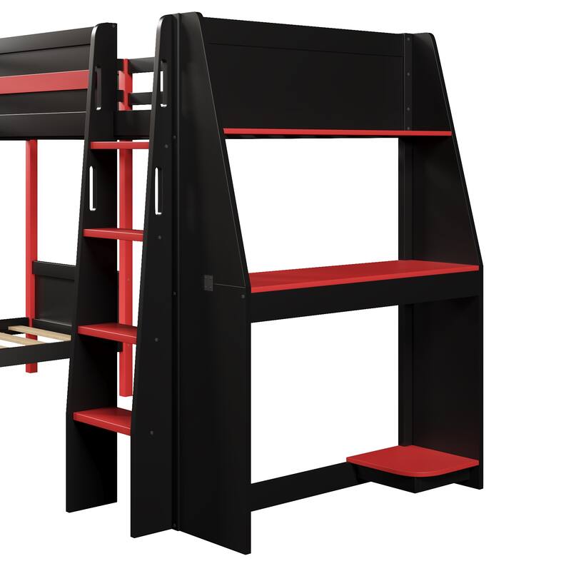 Roomfitters L-Shaped Twin Bunk & Loft Bed with Built-In Gaming Desk, LED Lights, Black and Red