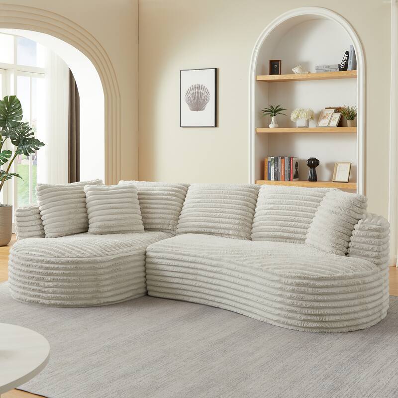 Curved L-Shape Sectional Sofa with Chaise Lounge, Oversized Corduroy Upholstered Sofa, Boneless Cloud Sofa with Deep Seat - Cream