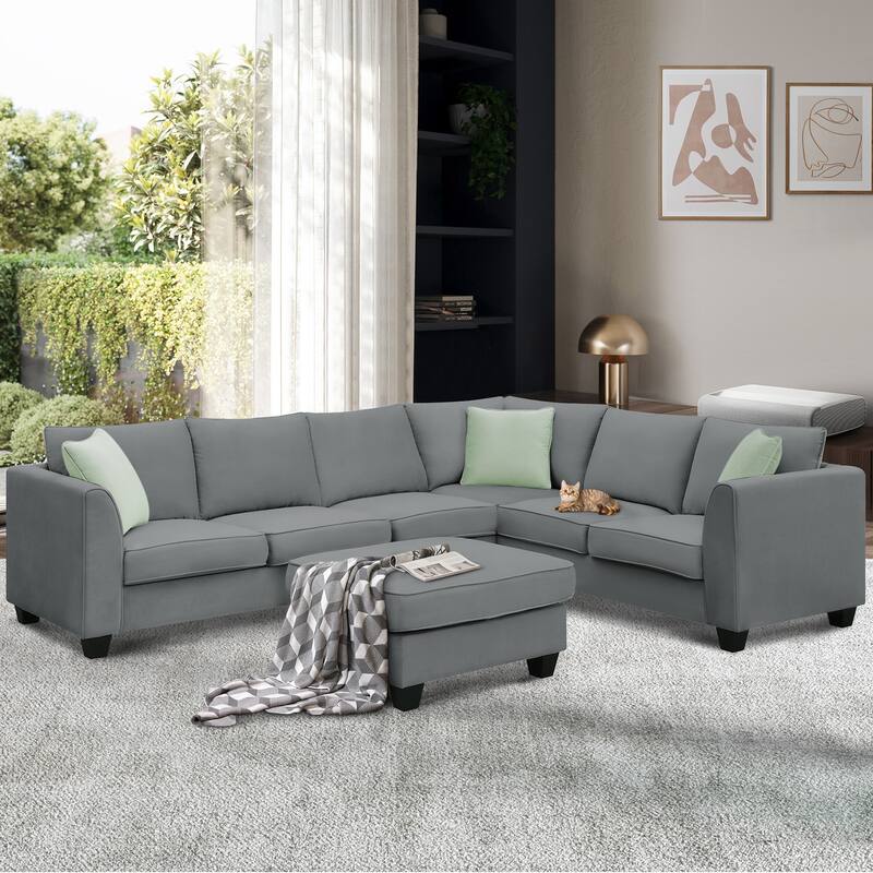 Modular Sectional Sofa with Removable Ottoman, 7 Seats Corner Sectional Sofa, L Shape Fabric Upholstered Sofa with 3 Pillows