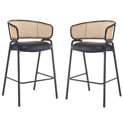 Christopher Knight Home - Rain Metal Frame Bar Stools (Set of 2) with Faux Leather Seat & Woven Rattan Back