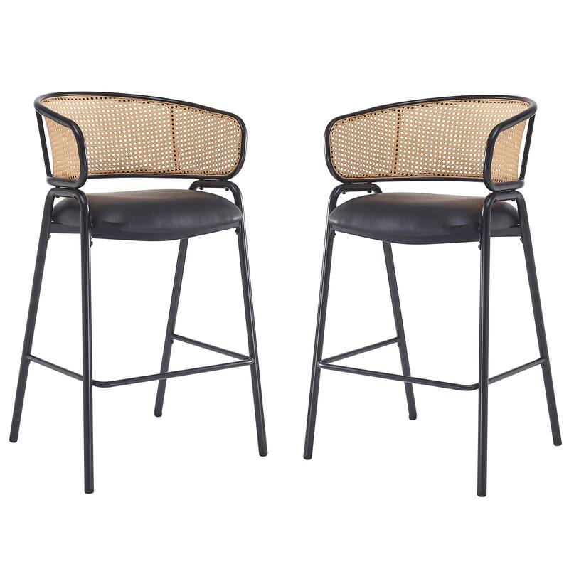 Faux Leather Upholstered Bar Stools Set of 2, Counter Stools with Wowen Rattan Backrest, Breakfast Bar Chairs with Footstool - Black