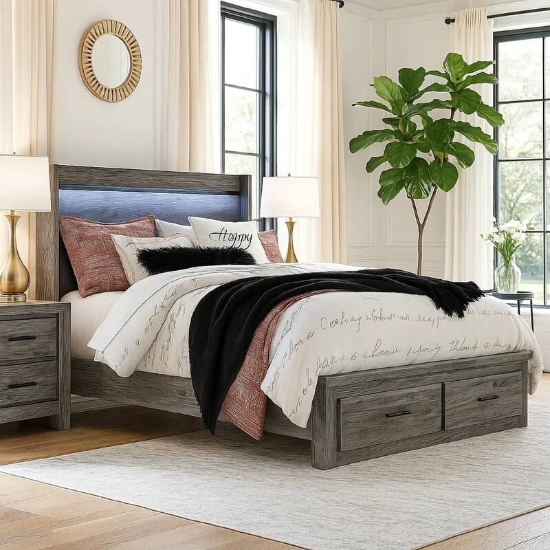 Bays Queen Size Storage Bed with 2 Drawers, Driftwood Smoke Gray, LED