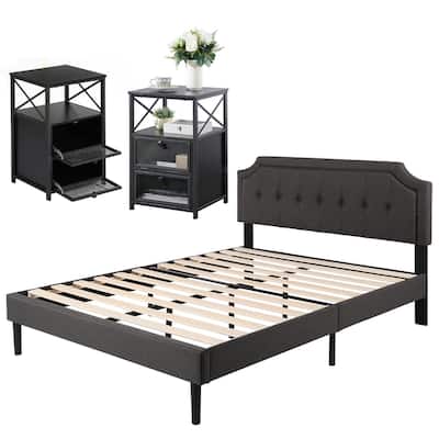 VECELO 3-pieces Height Adjustable Tufted Upholstered Bed Frame and Modern Nightstand Sets