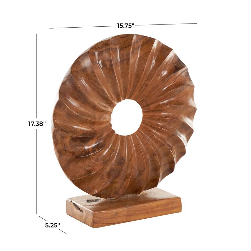 Brown Teak Wood Handmade Dimensional Circular Abstract Decorative Sculpture with Center Cutout