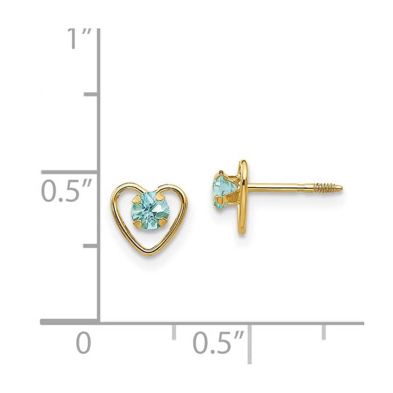 Curata 14k Yellow Gold 3mm Aquamarine Birthstone Heart Childrens Earrings (6x6mm)