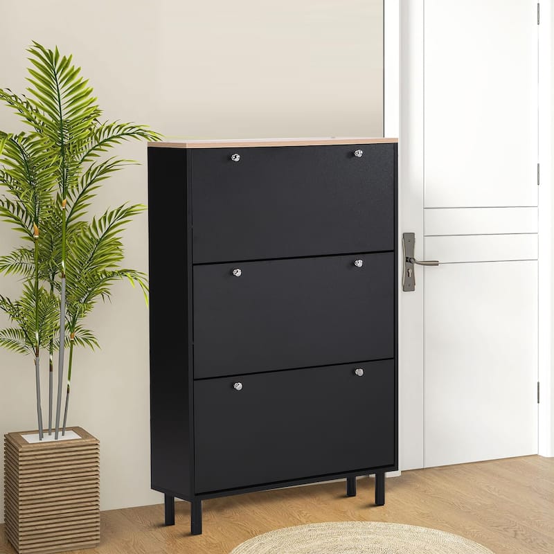 Minimalist Shoe Storage Cabinet with Wood Grain Finished Top Panel - Black