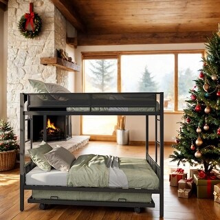 Metal Twin over twin bunk bed with Trundle/ 2 side Ladders/ Space-Saving Trundle/ Bunk Bed for Three/