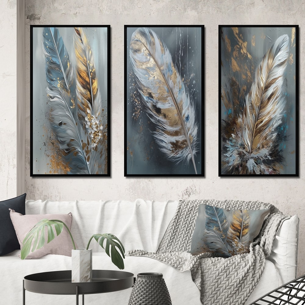 Designart "Gold Feather Wanderlust III" Glam Feather Framed Wall Art Set Of 3 Frame Gallery Set For Office Decor