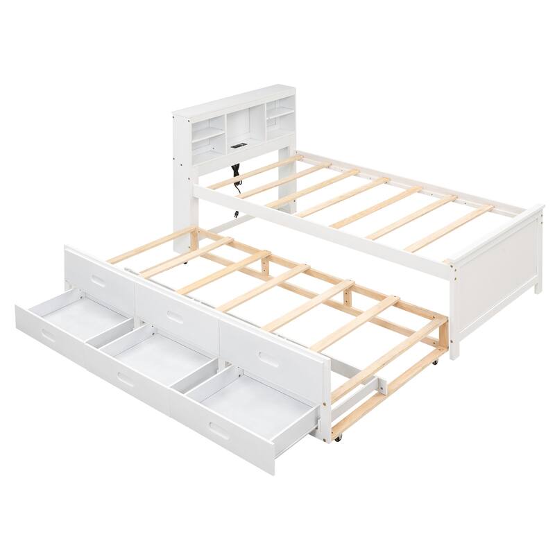 Wooden Platform Bed with Headboard Storage, Trundle and 3 Drawers, Charging Station, Wood Slats Support