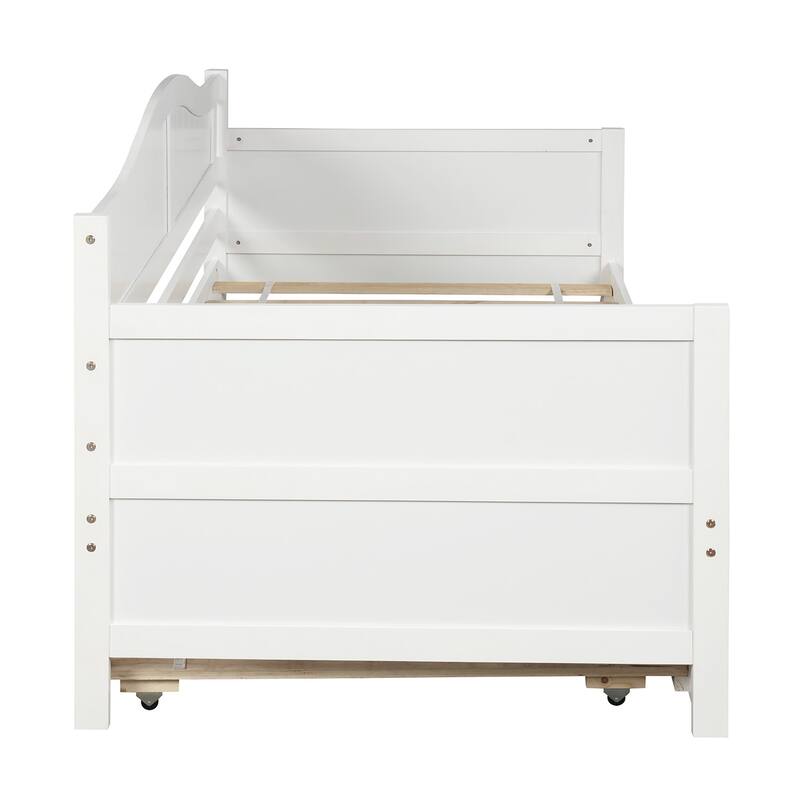 Twin Size Platform Bed Daybed with Trundle Bed, Classic Beadboard and Arched Silhouette Design for Living Room, Bedroom