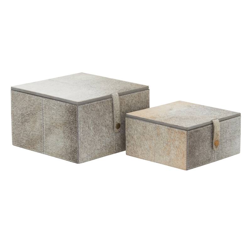 Leather Handmade Decorative Box with Hinged Lid - Set of 2 Gray, Brown, Dark Brown, Gold, Silver - Roche River Decor