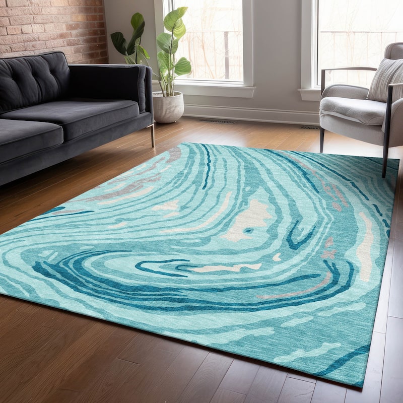 Machine Washable Indoor/ Outdoor Abstract Brushstrokes Chantille Rug - Turquoise - 10' x 14'