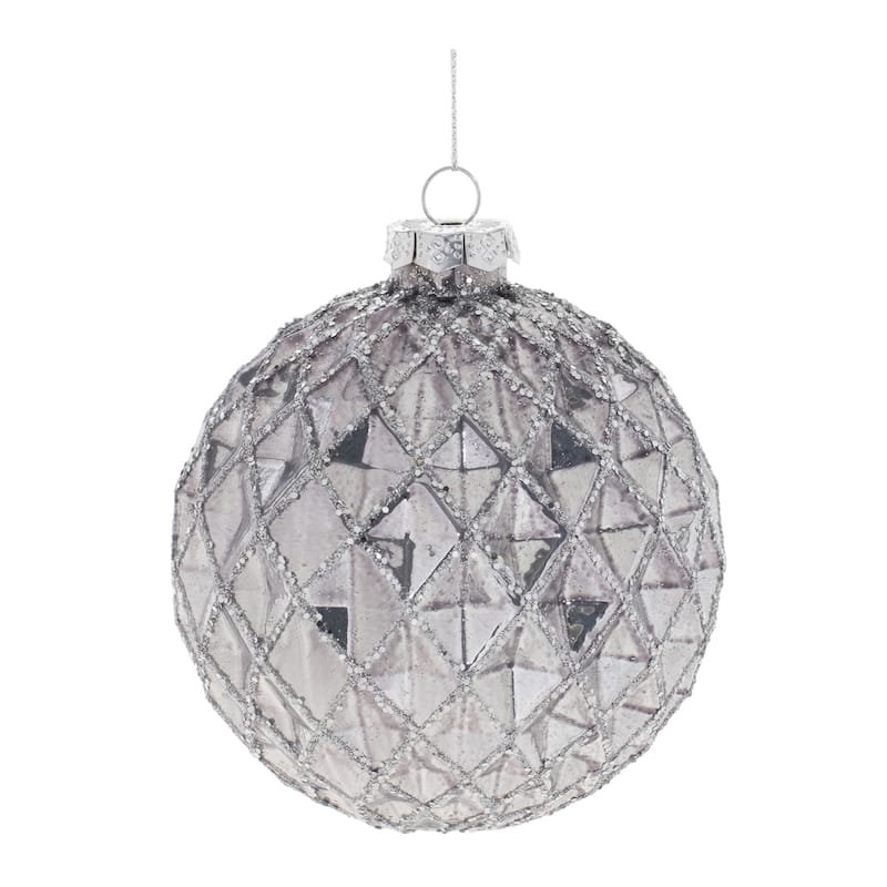Silver Glass Glittered Ball Ornaments Set of 6 with Ribbed and Harlequin Textures - 3.75” x 3.75” x 4” (L x W x H)