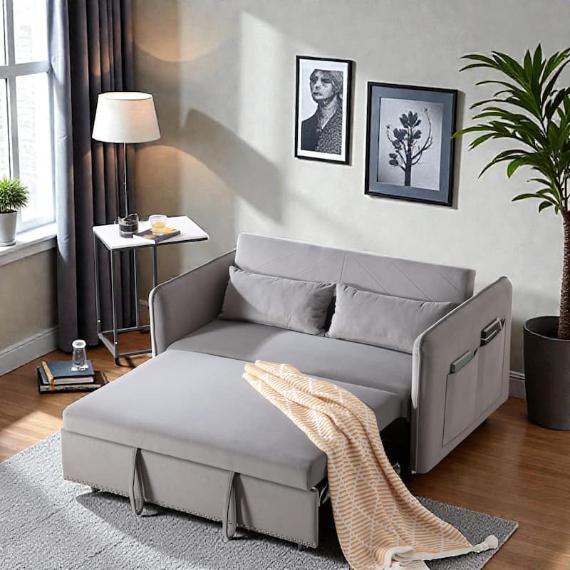 3 in 1 Convertible Sleeper Sofa Bed, Velvet Futon Loveseat with Pull Out Bed, Adjustable Backrest and Side Pockets