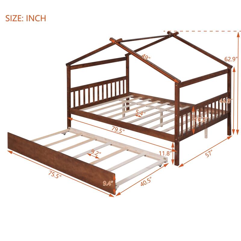 Twin/Full House Bed with Pull-Out Trundle, Solid Pine Wood Frame for Sleepovers