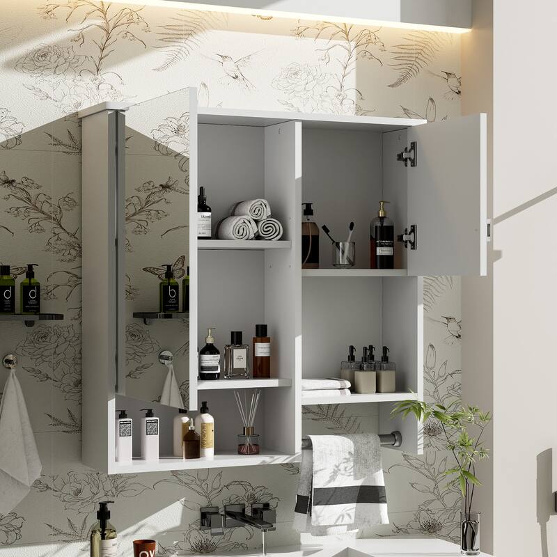 29" x 28" Over The Toilet Bathroom Storage Cabinet with Towel Bar Wall Mirror Cabinet with Closed Cupboard and Open Shelf