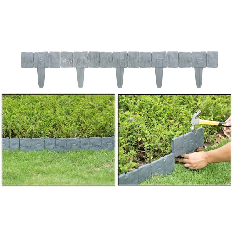 Cobbled Stone Outdoor Lawn Edging Gate 10pk Interlocking Stakes - Grey - Plastic - Medium