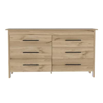 6 Drawer Double Dresser for Bedroom, Light Oak / White