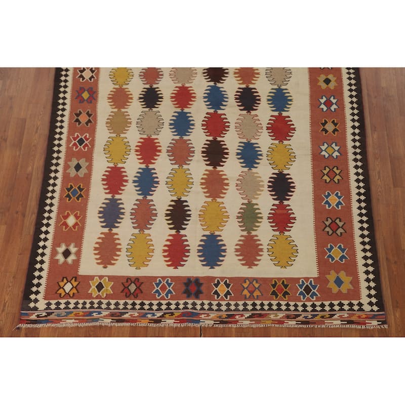 Geometric Kilim Qashqai Persian Vintage Rug Flatweave Beige Carpet - 5'9" x 8'5"