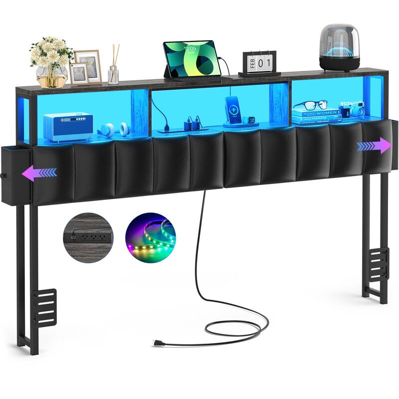 Upholstered Headboard with Hidden Drawer, Head Board with Power Outlet and LED Light
