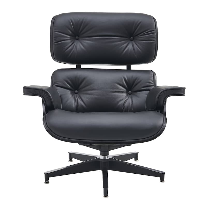 Mid-century Modern PU High-back Swivel Lounge Chair with Ottoman for Living Room and Bedroom - Standard - BlackWalnut/Black