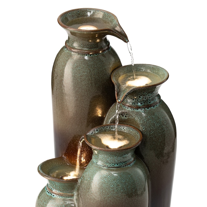 Glitzhome 30.75"H 4-Tiered LED Lighted Ceramic Vase Outdoor Floor Fountains