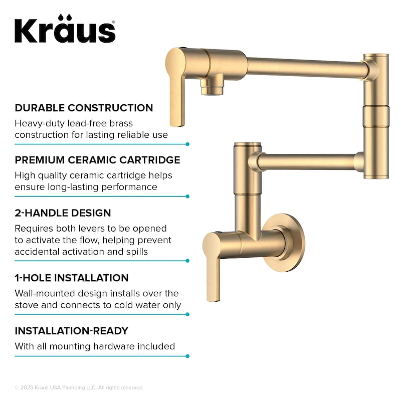 KRAUS Oletto Wall Mount Pot Filler Kitchen Faucet with Retractable Arm
