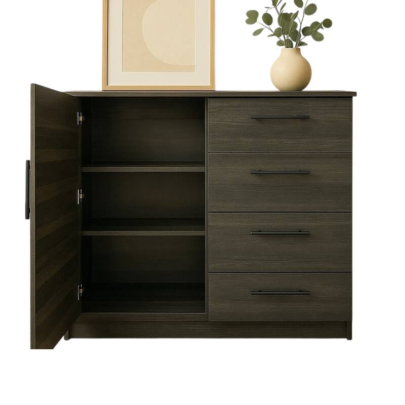 Roby Large Dresser Chest, 4 Drawers w Cabinet, 47 Inch, Dark Gray