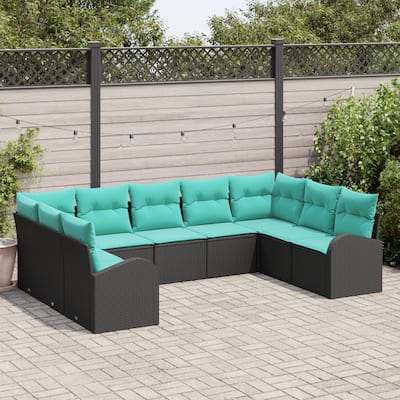 vidaXL 10 Garden Sofa Set with Cushions Black Poly Rattan - 113.8 x 70.5 x 27.2