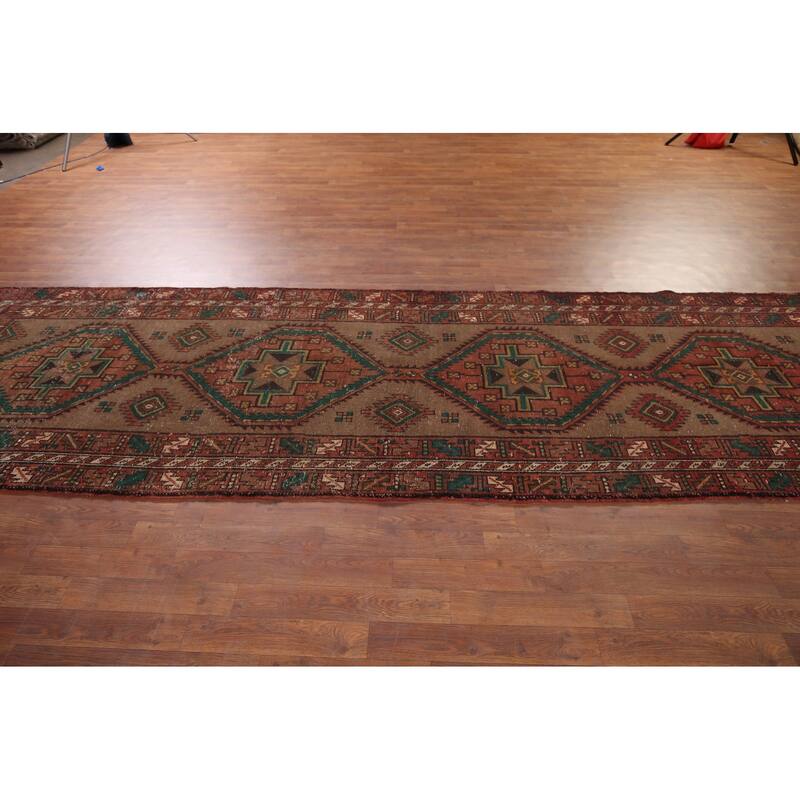 Brown Ardebil Persian Vintage Runner Rug Handmade Wool Carpet - 3'10" x 13'10"
