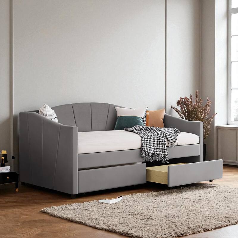Twin Upholstered Daybed with Storage Drawers and Wood Slats, Velvet Fabric Frame, No Box Spring Needed - Grey - Twin