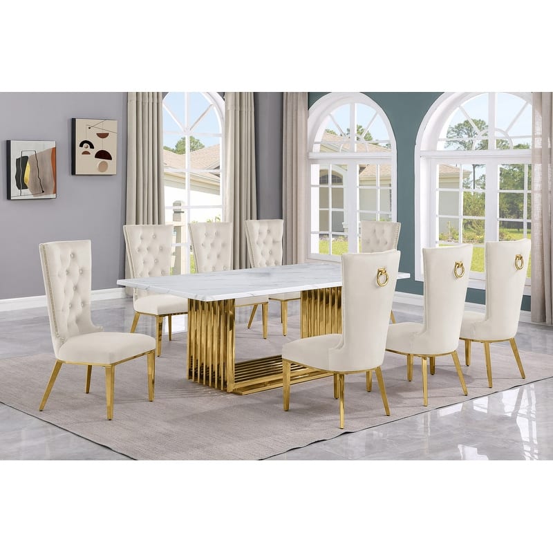 Best Quality Furniture D312/3-SC330-7 Dining Set with 79" White Marble Top